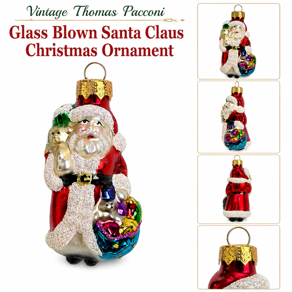 Vintage Thomas Pacconi Glass Blown Santa Christmas Ornament Glitter Holiday Deco